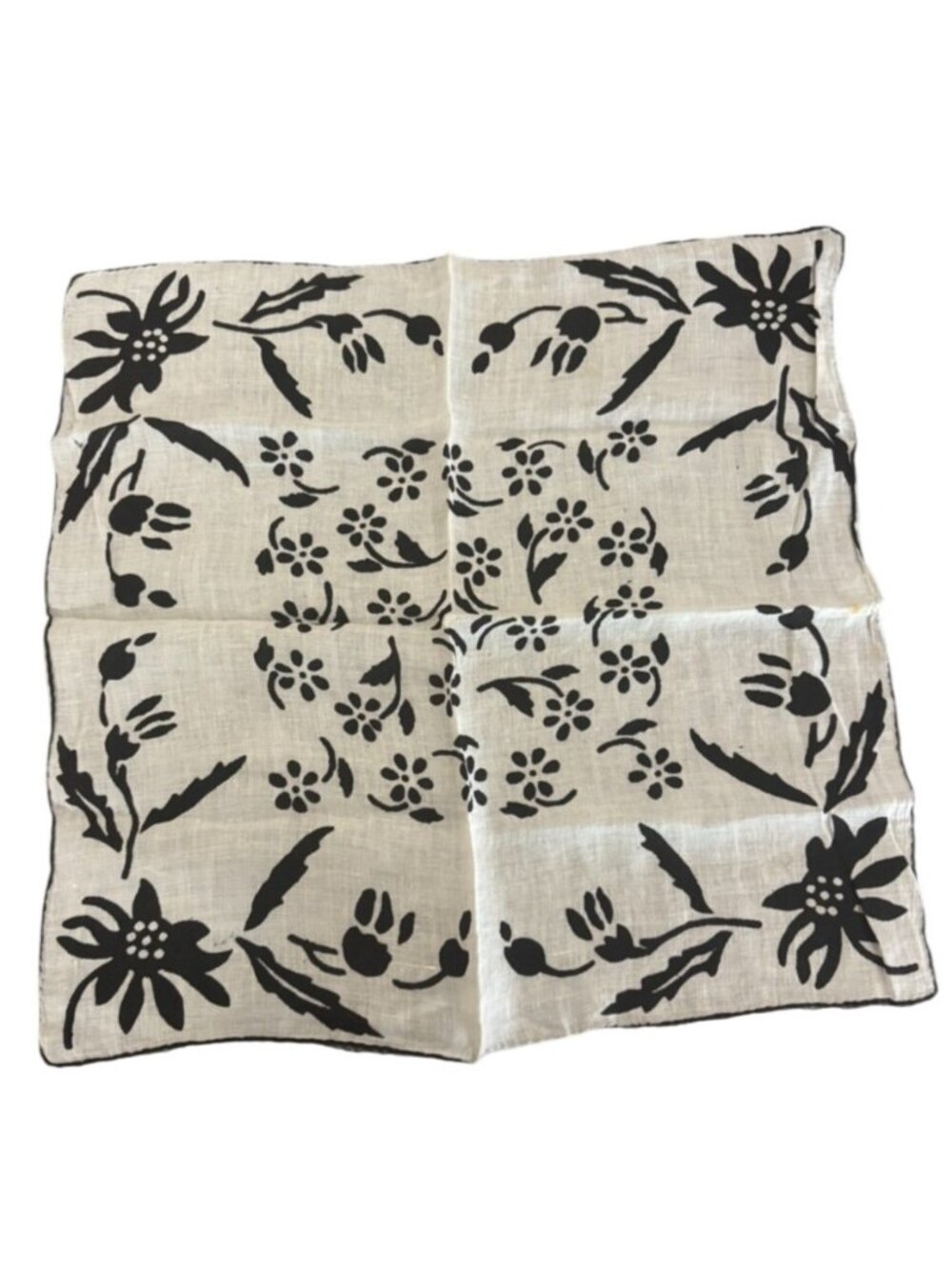 Vintage 14x14 Floral Linen Handkerchief Black Flower Pattern Floralcore Noir